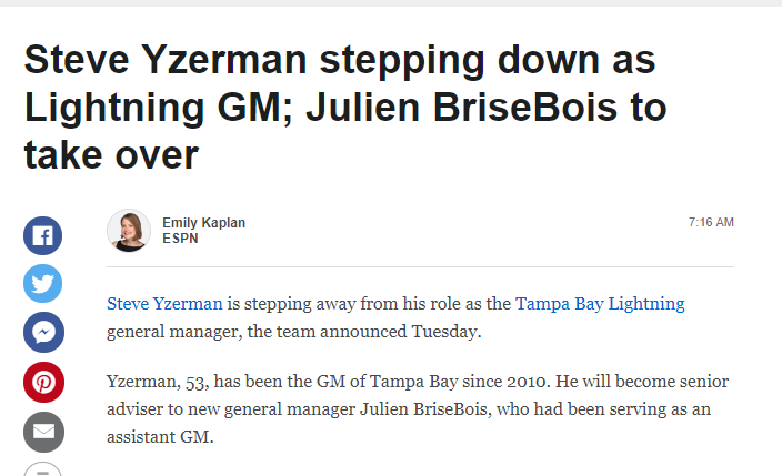 Steve Yzerman steps down as Lightning GM, BriseBois takes over